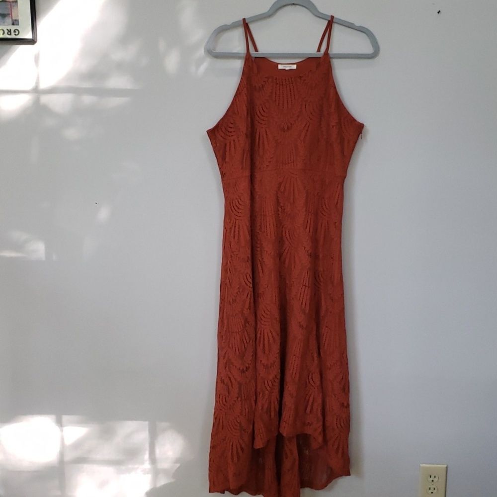 Maurices Dress Womens sz L Hi Lo Lace Over Slip Empire Waist Pumpkin Rust